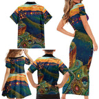 Australia Blue Mountains Family Matching Short Sleeve Bodycon Dress and Hawaiian Shirt Aboriginal Dot Painting