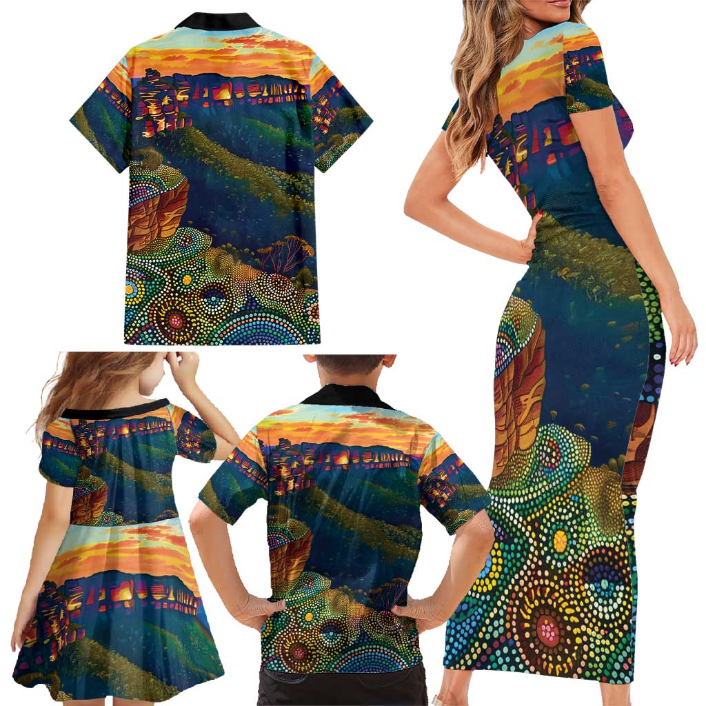 Australia Blue Mountains Family Matching Short Sleeve Bodycon Dress and Hawaiian Shirt Aboriginal Dot Painting