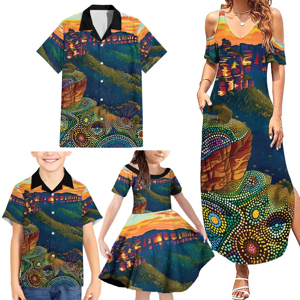 Australia Blue Mountains Family Matching Summer Maxi Dress and Hawaiian Shirt Aboriginal Dot Painting