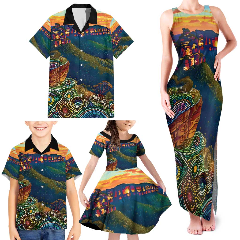 Australia Blue Mountains Family Matching Tank Maxi Dress and Hawaiian Shirt Aboriginal Dot Painting