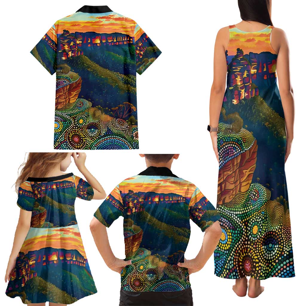 Australia Blue Mountains Family Matching Tank Maxi Dress and Hawaiian Shirt Aboriginal Dot Painting