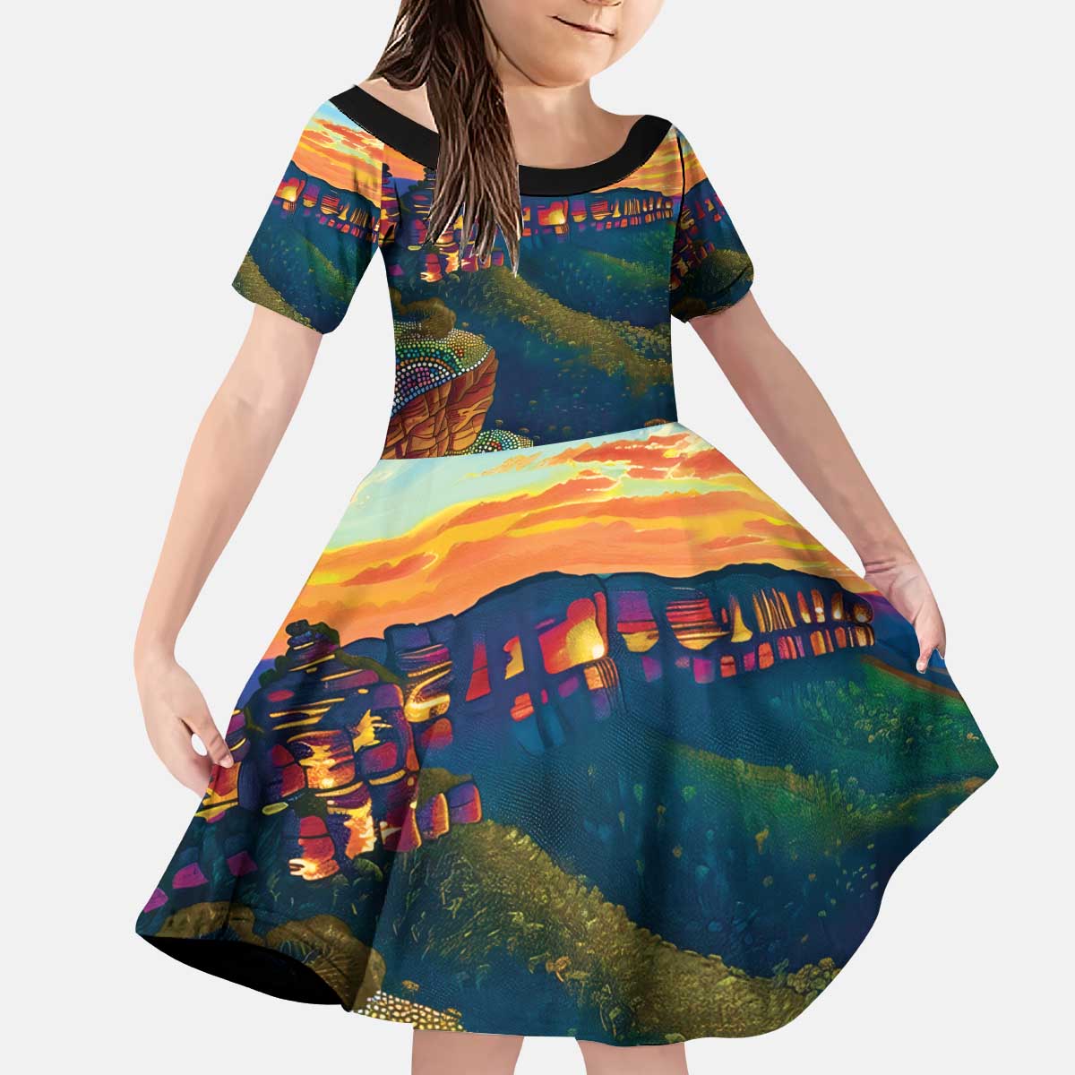 Australia Blue Mountains Kid Short Sleeve Dress Aboriginal Dot Painting