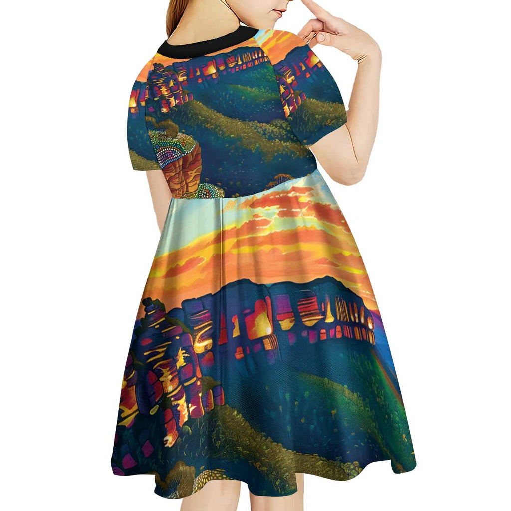Australia Blue Mountains Kid Short Sleeve Dress Aboriginal Dot Painting