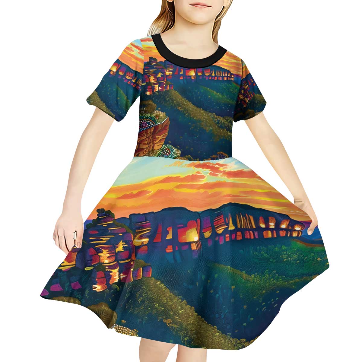 Australia Blue Mountains Kid Short Sleeve Dress Aboriginal Dot Painting