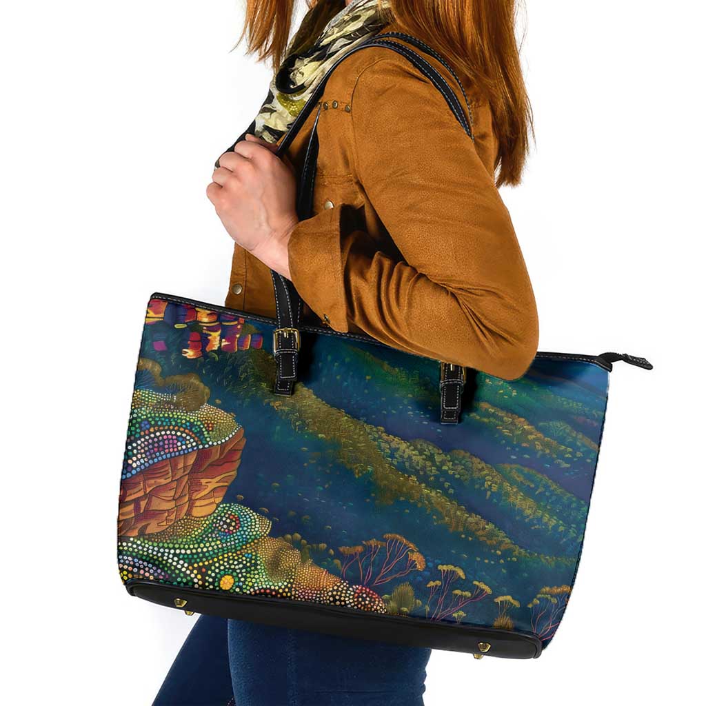 Australia Blue Mountains Leather Tote Bag Aboriginal Dot Painting