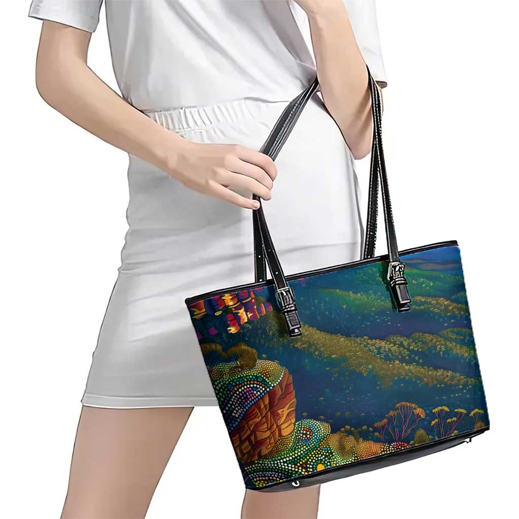 Australia Blue Mountains Leather Tote Bag Aboriginal Dot Painting