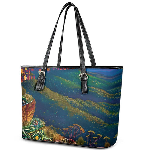 Australia Blue Mountains Leather Tote Bag Aboriginal Dot Painting