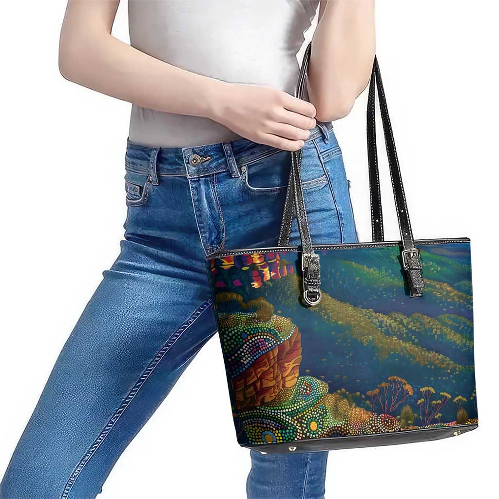 Australia Blue Mountains Leather Tote Bag Aboriginal Dot Painting