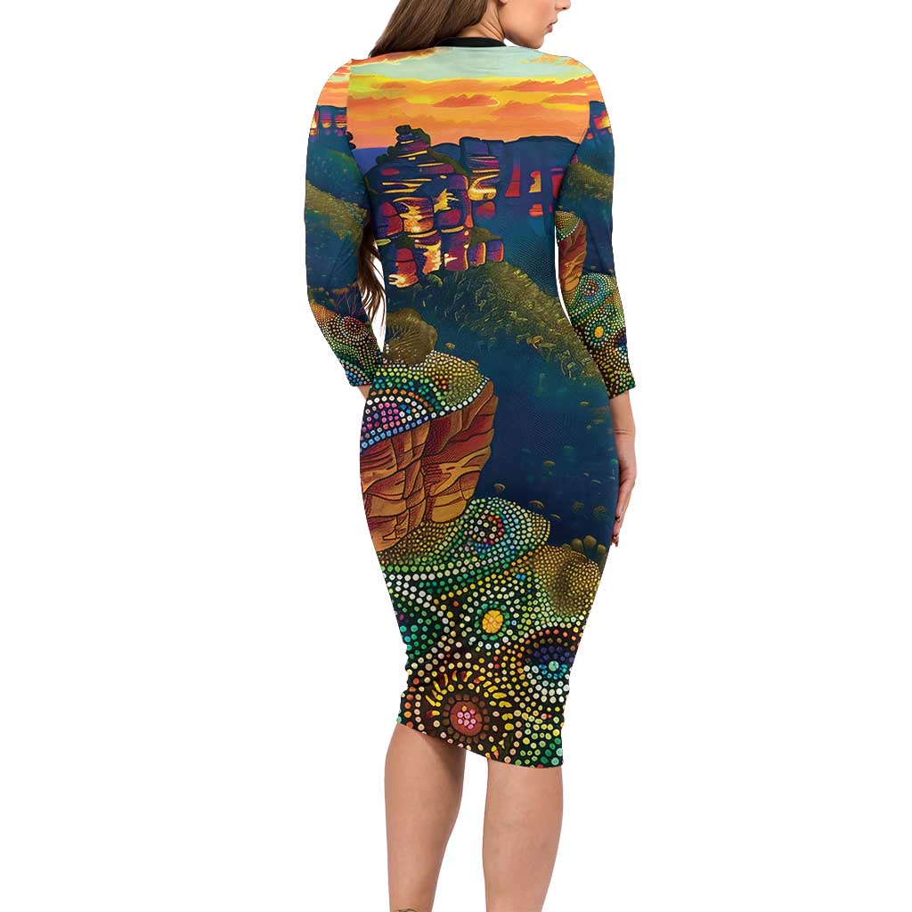 Australia Blue Mountains Long Sleeve Bodycon Dress Aboriginal Dot Painting
