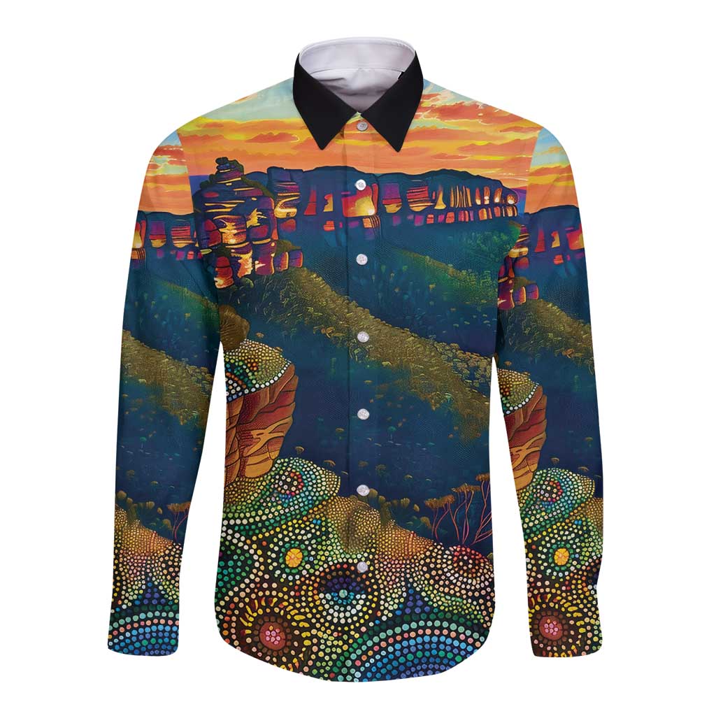 Australia Blue Mountains Long Sleeve Button Shirt Aboriginal Dot Painting
