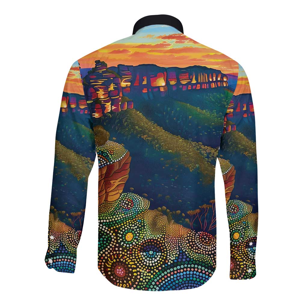 Australia Blue Mountains Long Sleeve Button Shirt Aboriginal Dot Painting