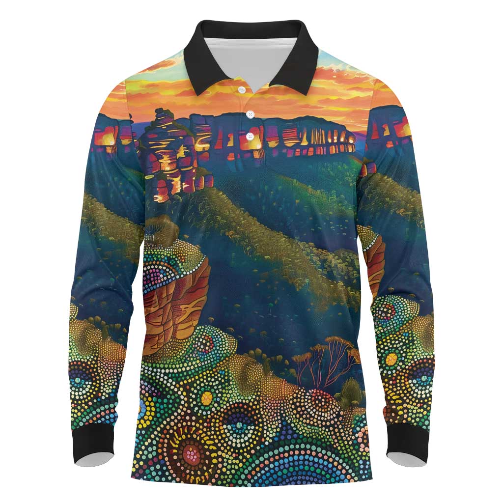 Australia Blue Mountains Long Sleeve Polo Shirt Aboriginal Dot Painting