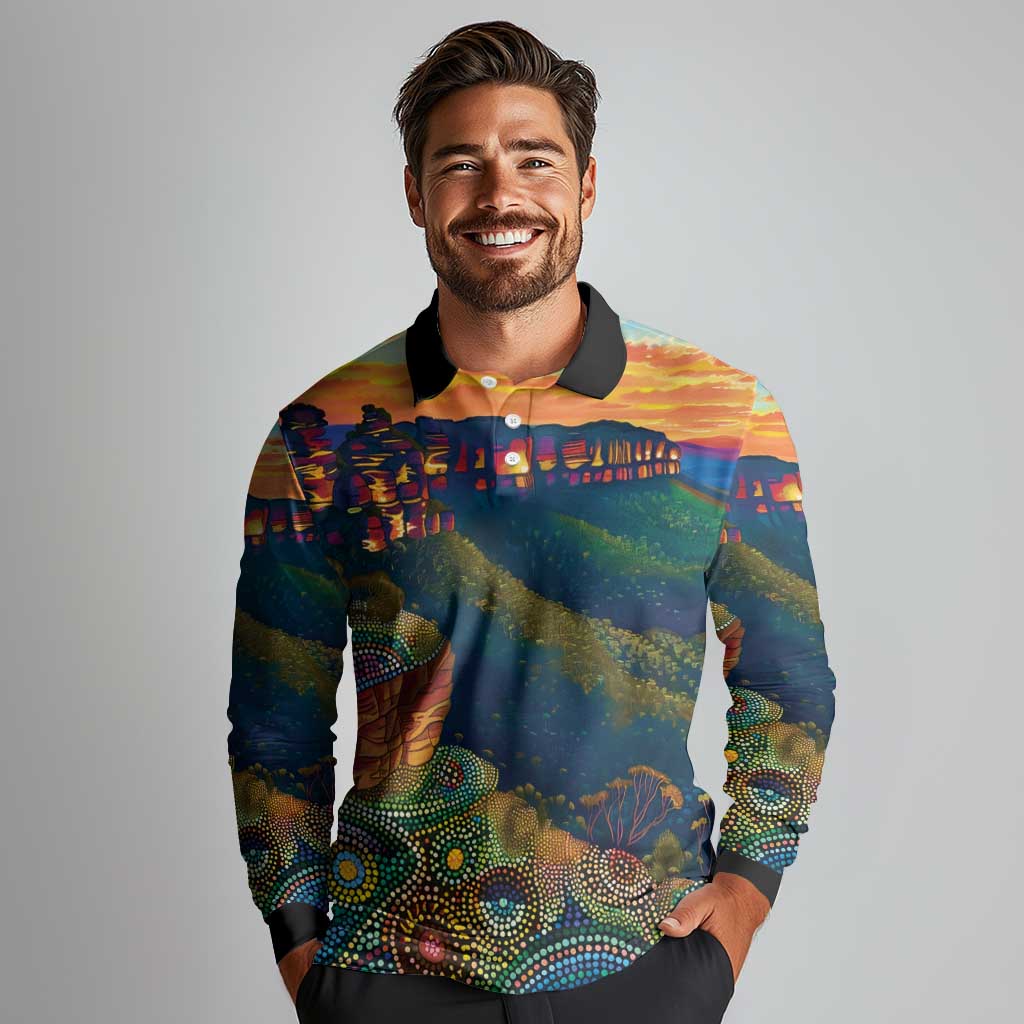 Australia Blue Mountains Long Sleeve Polo Shirt Aboriginal Dot Painting