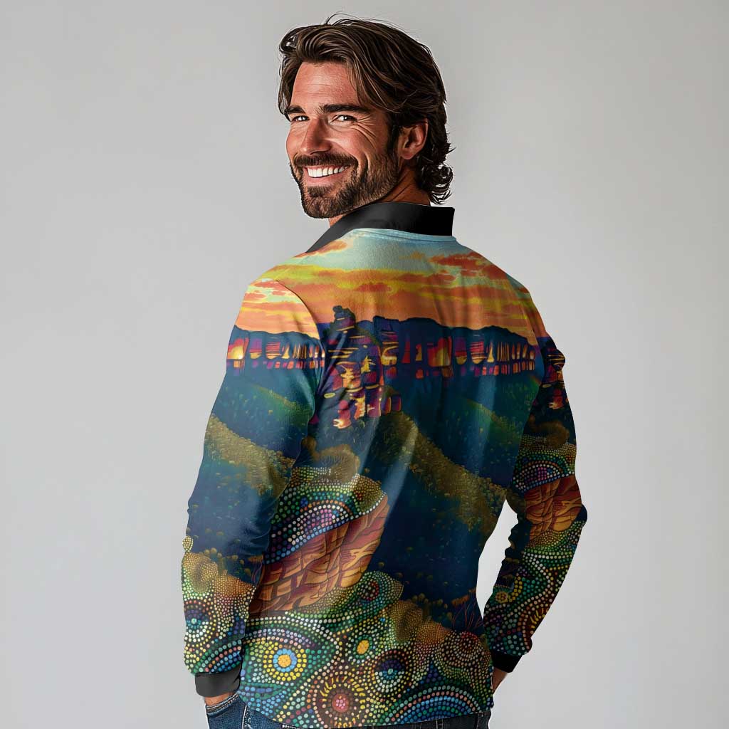 Australia Blue Mountains Long Sleeve Polo Shirt Aboriginal Dot Painting
