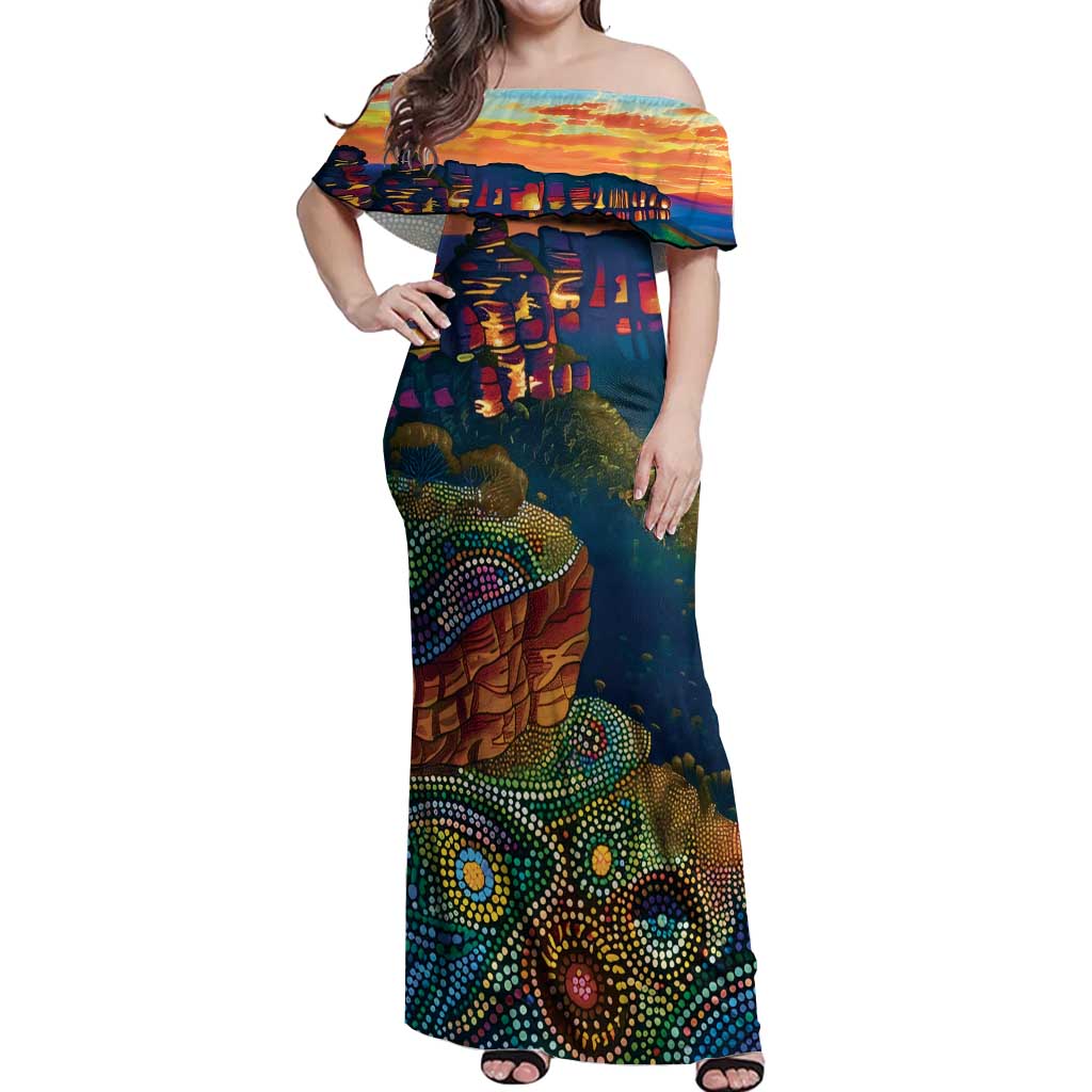 Australia Blue Mountains Off Shoulder Maxi Dress Aboriginal Dot Painting