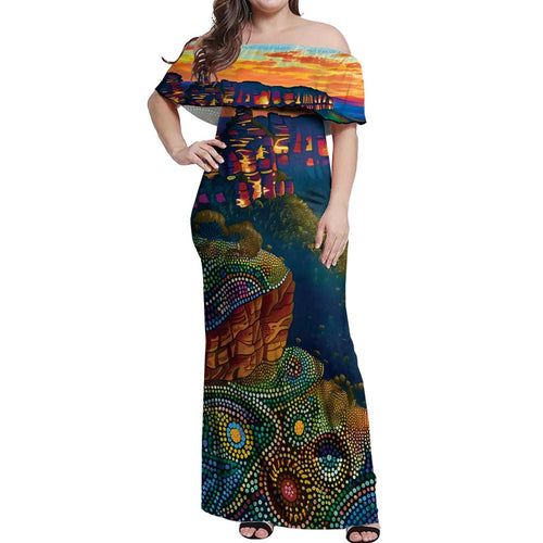 Australia Blue Mountains Off Shoulder Maxi Dress Aboriginal Dot Painting