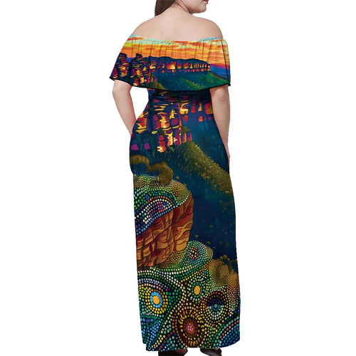Australia Blue Mountains Off Shoulder Maxi Dress Aboriginal Dot Painting