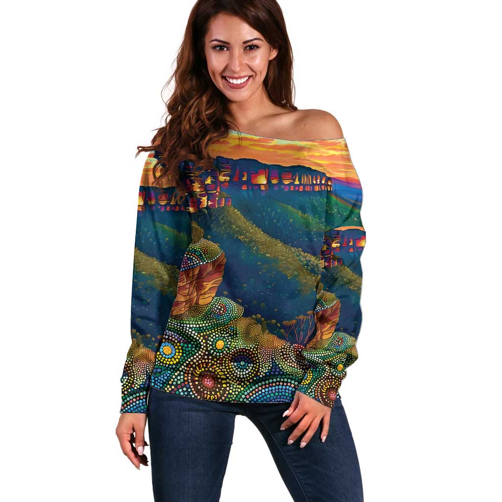 Australia Blue Mountains Off Shoulder Sweater Aboriginal Dot Painting
