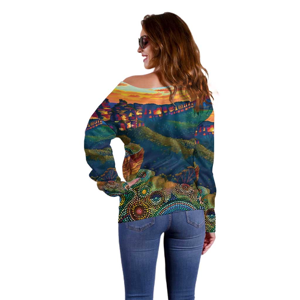 Australia Blue Mountains Off Shoulder Sweater Aboriginal Dot Painting
