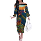 Australia Blue Mountains Off The Shoulder Long Sleeve Dress Aboriginal Dot Painting