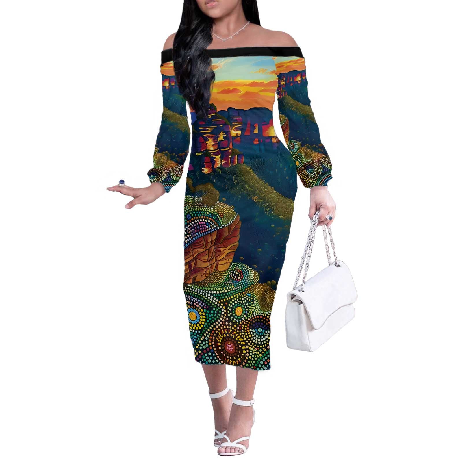 Australia Blue Mountains Off The Shoulder Long Sleeve Dress Aboriginal Dot Painting