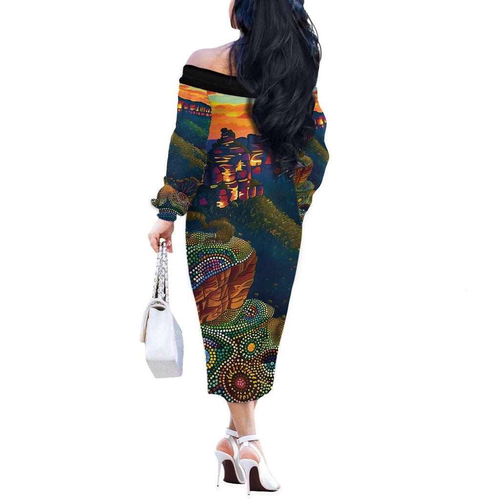 Australia Blue Mountains Off The Shoulder Long Sleeve Dress Aboriginal Dot Painting