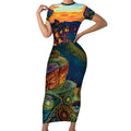 Australia Blue Mountains Short Sleeve Bodycon Dress Aboriginal Dot Painting