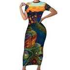 Australia Blue Mountains Short Sleeve Bodycon Dress Aboriginal Dot Painting