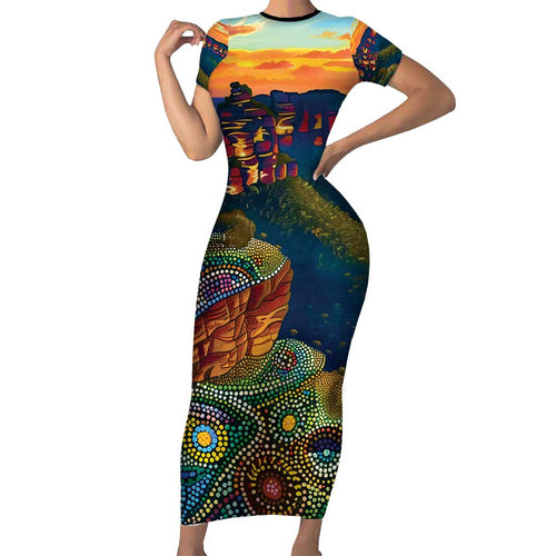 Australia Blue Mountains Short Sleeve Bodycon Dress Aboriginal Dot Painting