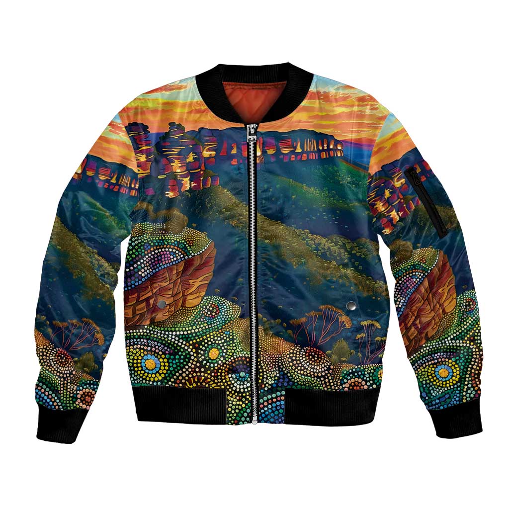 Australia Blue Mountains Sleeve Zip Bomber Jacket Aboriginal Dot Painting