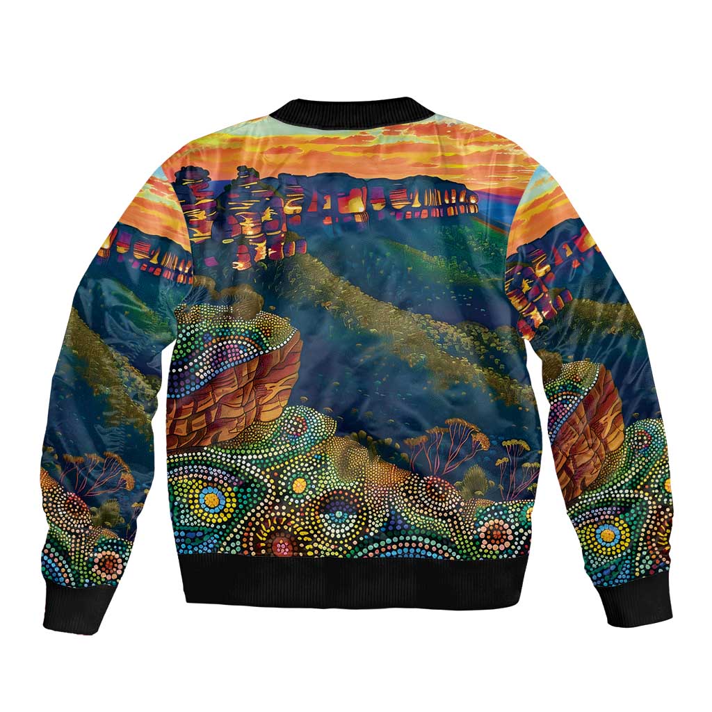 Australia Blue Mountains Sleeve Zip Bomber Jacket Aboriginal Dot Painting