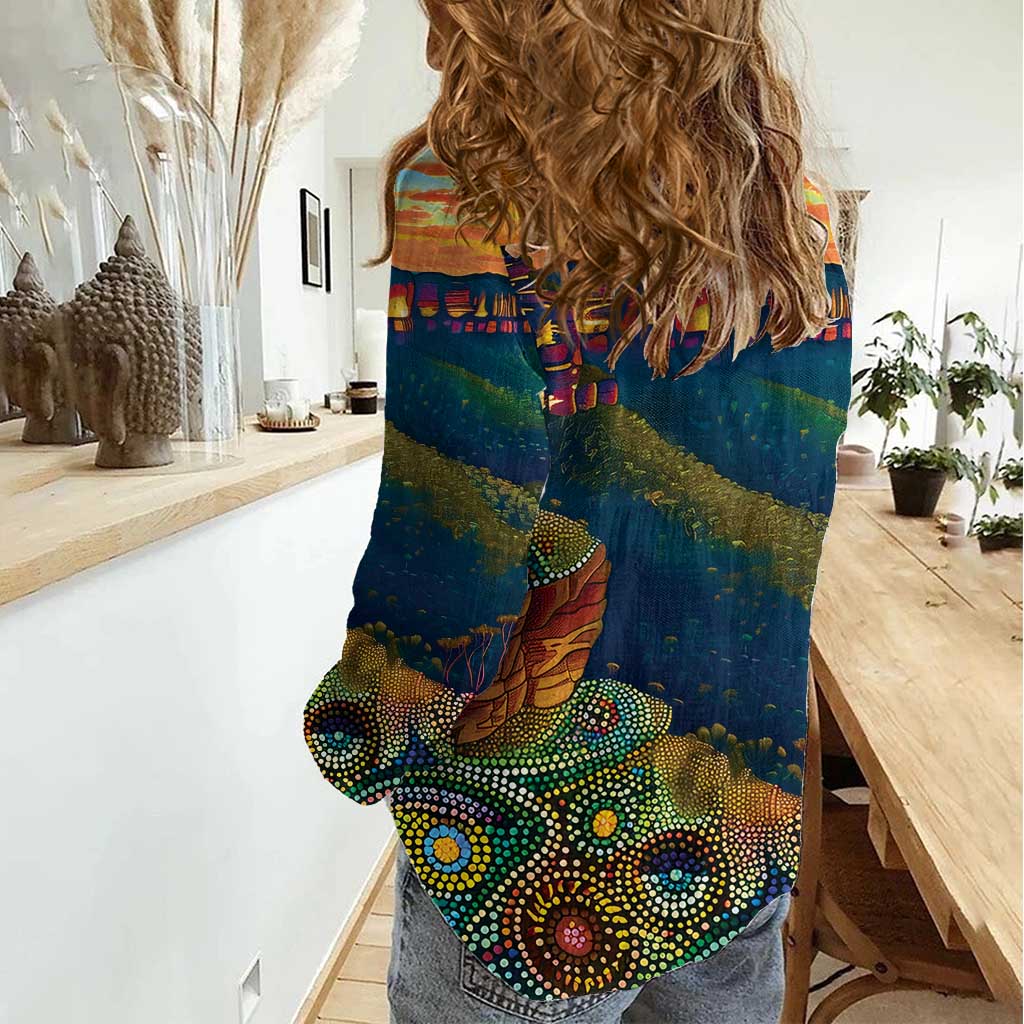 Australia Blue Mountains Women Casual Shirt Aboriginal Dot Painting