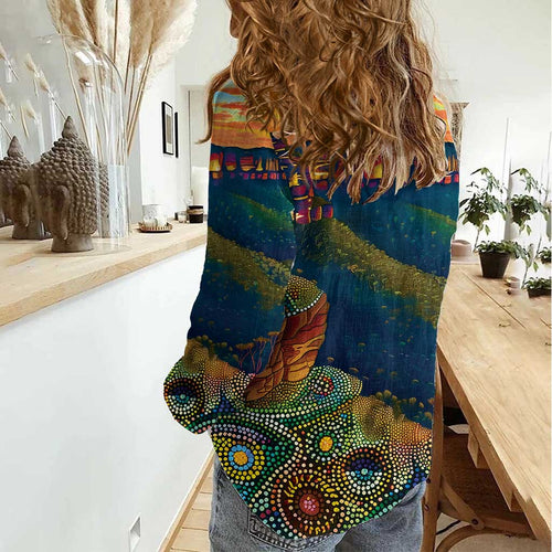 Australia Blue Mountains Women Casual Shirt Aboriginal Dot Painting