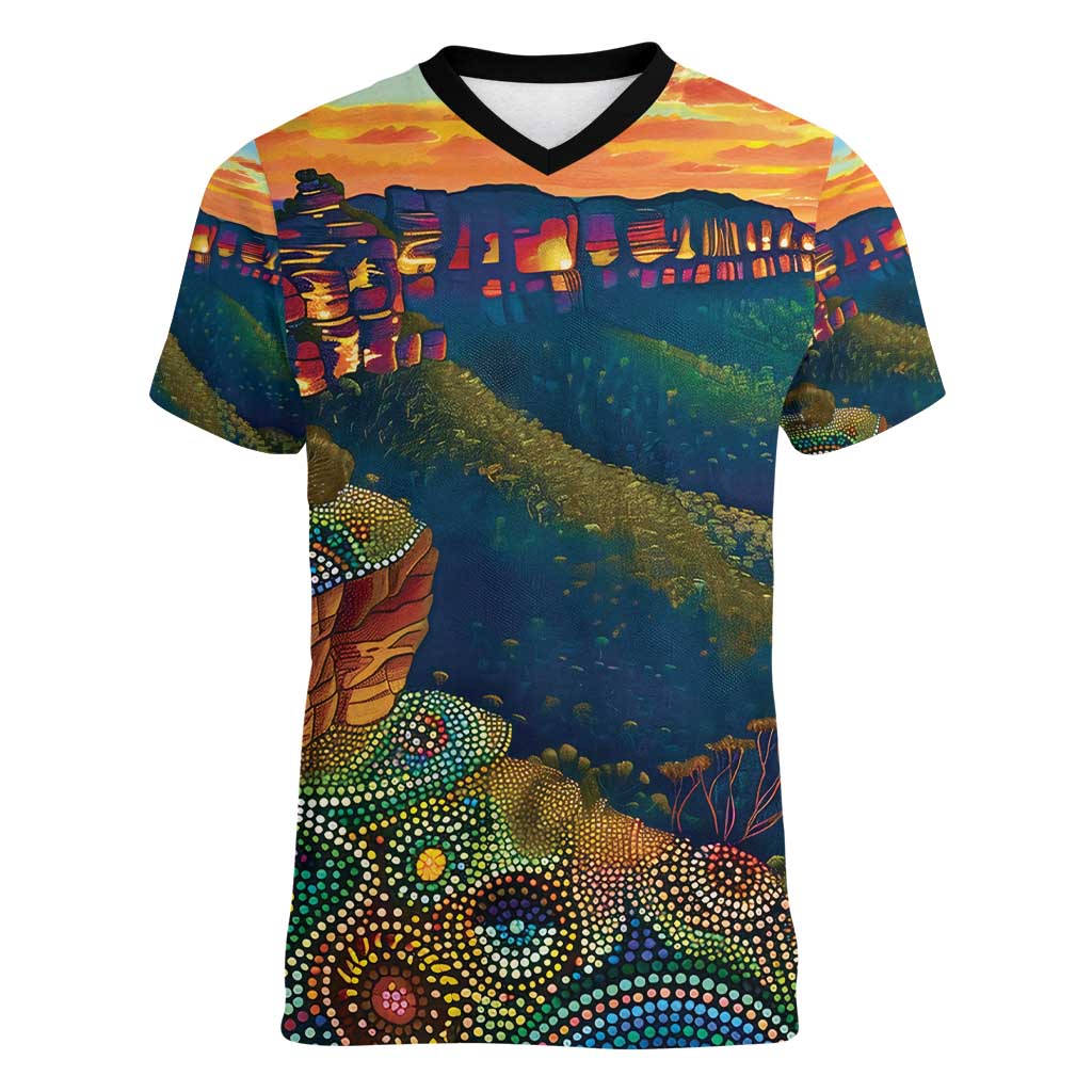 Australia Blue Mountains Women V-Neck T-Shirt Aboriginal Dot Painting
