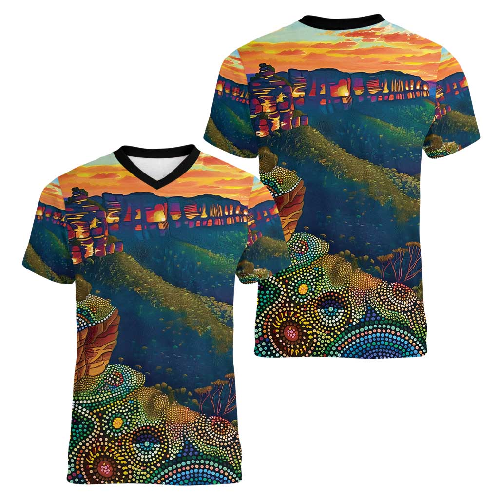 Australia Blue Mountains Women V-Neck T-Shirt Aboriginal Dot Painting