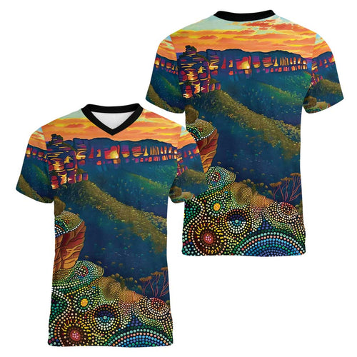 Australia Blue Mountains Women V-Neck T-Shirt Aboriginal Dot Painting