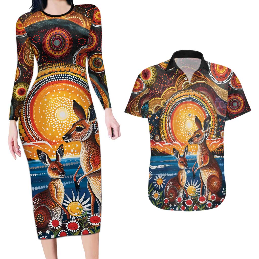 Australian Kangaroos Art Couples Matching Long Sleeve Bodycon Dress and Hawaiian Shirt Aboriginal Dot Painting