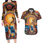Australian Kangaroos Art Couples Matching Long Sleeve Bodycon Dress and Hawaiian Shirt Aboriginal Dot Painting