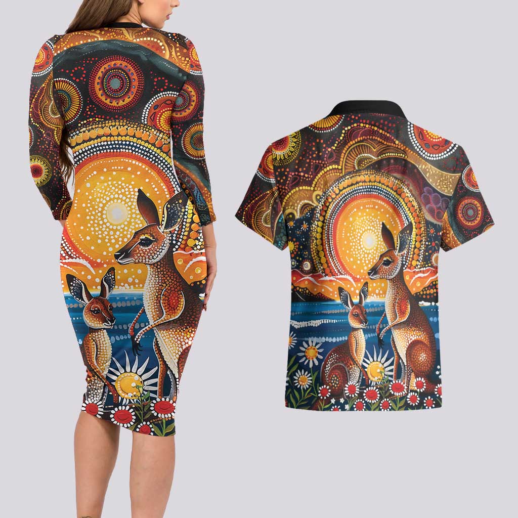 Australian Kangaroos Art Couples Matching Long Sleeve Bodycon Dress and Hawaiian Shirt Aboriginal Dot Painting