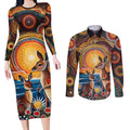 Australian Kangaroos Art Couples Matching Long Sleeve Bodycon Dress and Long Sleeve Button Shirt Aboriginal Dot Painting