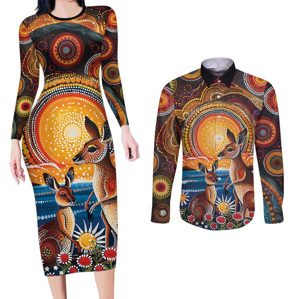 Australian Kangaroos Art Couples Matching Long Sleeve Bodycon Dress and Long Sleeve Button Shirt Aboriginal Dot Painting