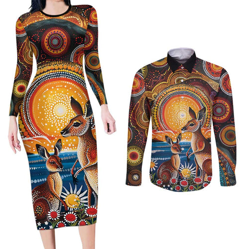 Australian Kangaroos Art Couples Matching Long Sleeve Bodycon Dress and Long Sleeve Button Shirt Aboriginal Dot Painting