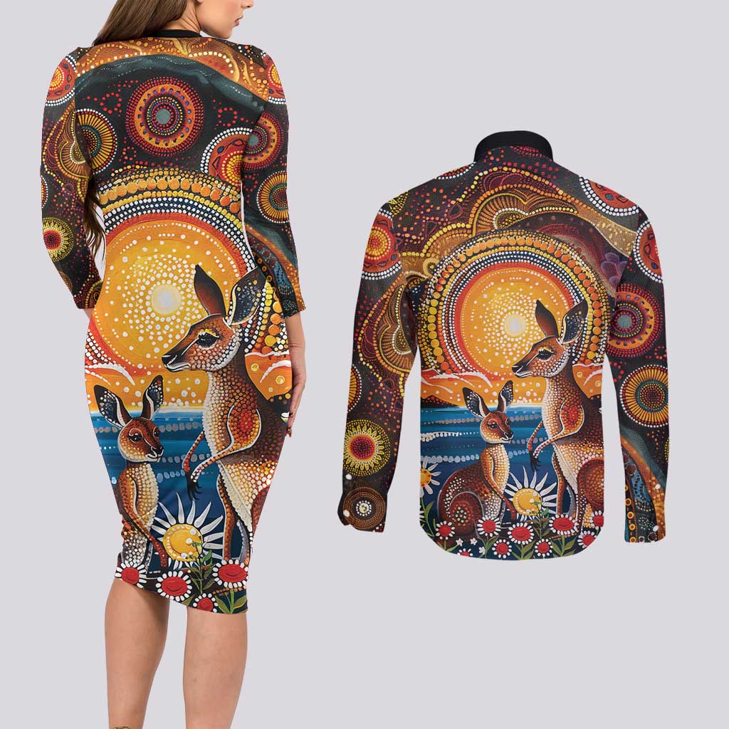 Australian Kangaroos Art Couples Matching Long Sleeve Bodycon Dress and Long Sleeve Button Shirt Aboriginal Dot Painting
