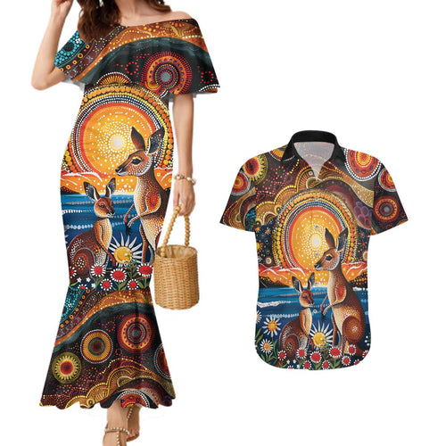 Australian Kangaroos Art Couples Matching Mermaid Dress and Hawaiian Shirt Aboriginal Dot Painting