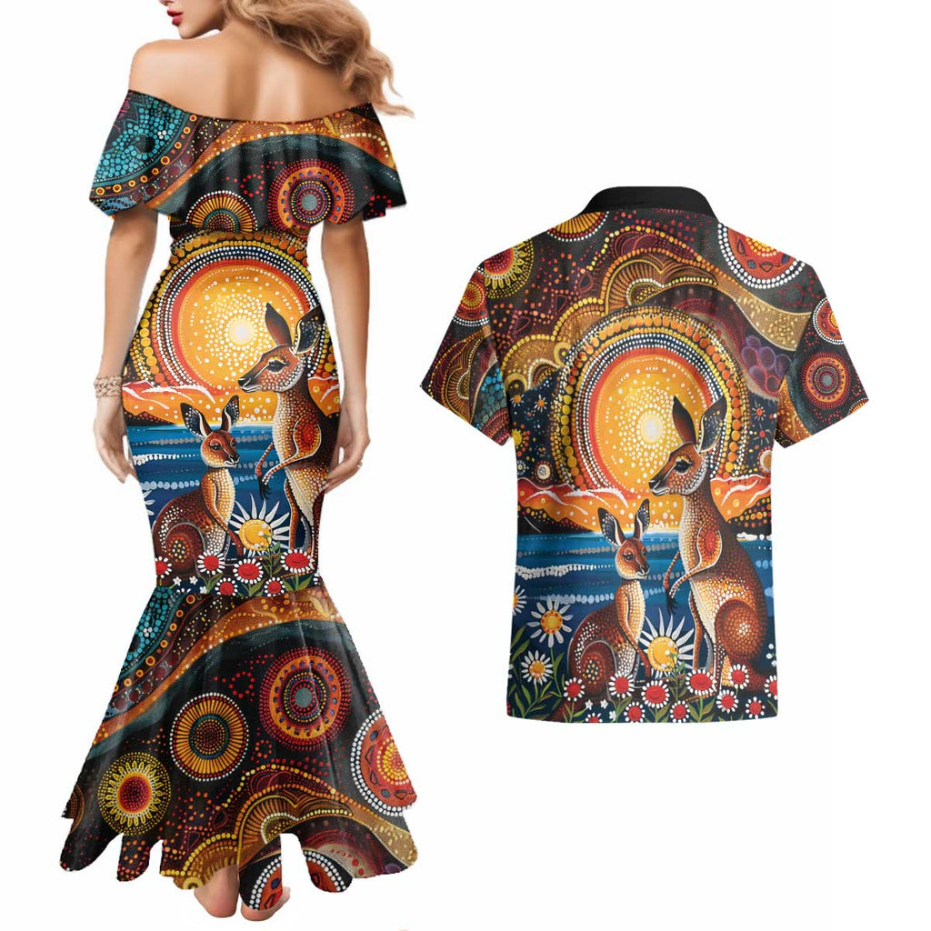 Australian Kangaroos Art Couples Matching Mermaid Dress and Hawaiian Shirt Aboriginal Dot Painting