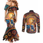 Australian Kangaroos Art Couples Matching Mermaid Dress and Long Sleeve Button Shirt Aboriginal Dot Painting