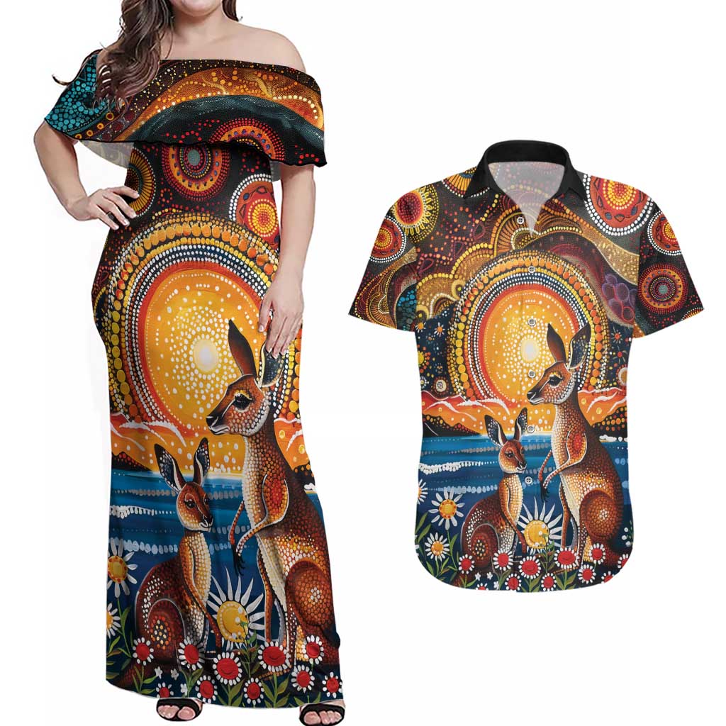 Australian Kangaroos Art Couples Matching Off Shoulder Maxi Dress and Hawaiian Shirt Aboriginal Dot Painting