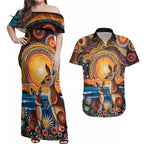 Australian Kangaroos Art Couples Matching Off Shoulder Maxi Dress and Hawaiian Shirt Aboriginal Dot Painting