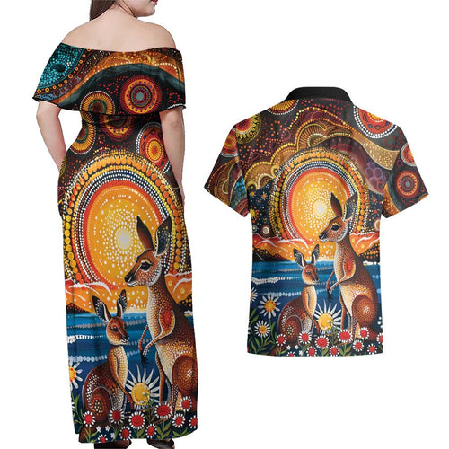 Australian Kangaroos Art Couples Matching Off Shoulder Maxi Dress and Hawaiian Shirt Aboriginal Dot Painting