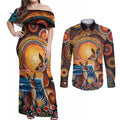 Australian Kangaroos Art Couples Matching Off Shoulder Maxi Dress and Long Sleeve Button Shirt Aboriginal Dot Painting